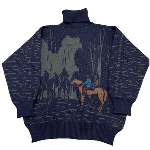 Vtg Tricots St Raphael Sweater L Blue Wool Turtleneck Horse Jockey Equestrian